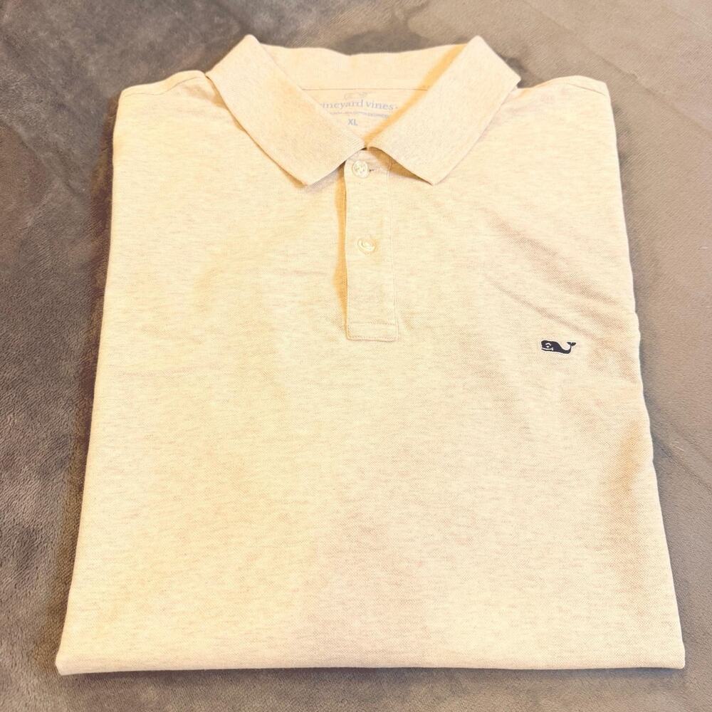 Vineyard Vines Mens Polo Shirt Beige Heathered Whale Logo Size XL Short Sleeve